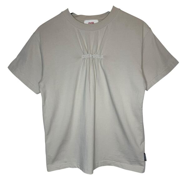 Coca-Cola Embroidered Beige T Shirt Crew Pursed Logo, size Small - Picture 1 of 4